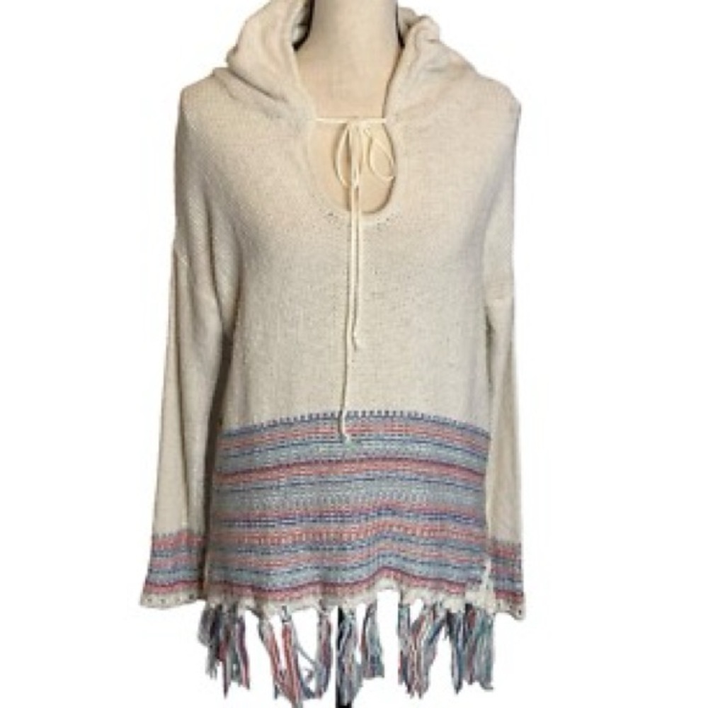 Lovestitch 100% Cotton Cream Hooded Sweater with Multicolor Fringe, Size S